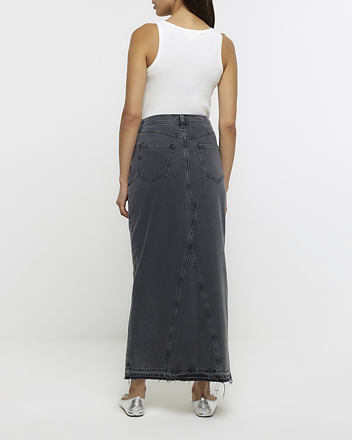 Grey asymmetric waist denim maxi skirt | River Island