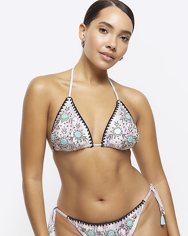 Grey animal print triangle bikini top