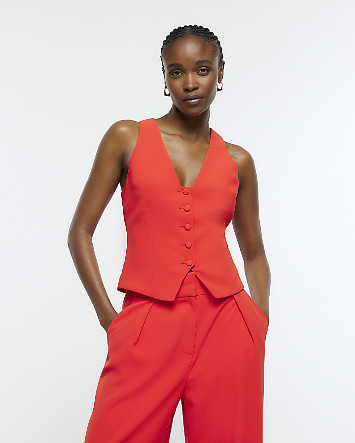 Red button front waistcoat | River Island