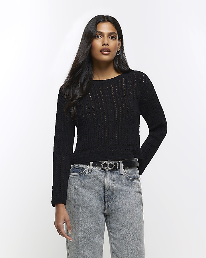 Black crochet knit jumper sale