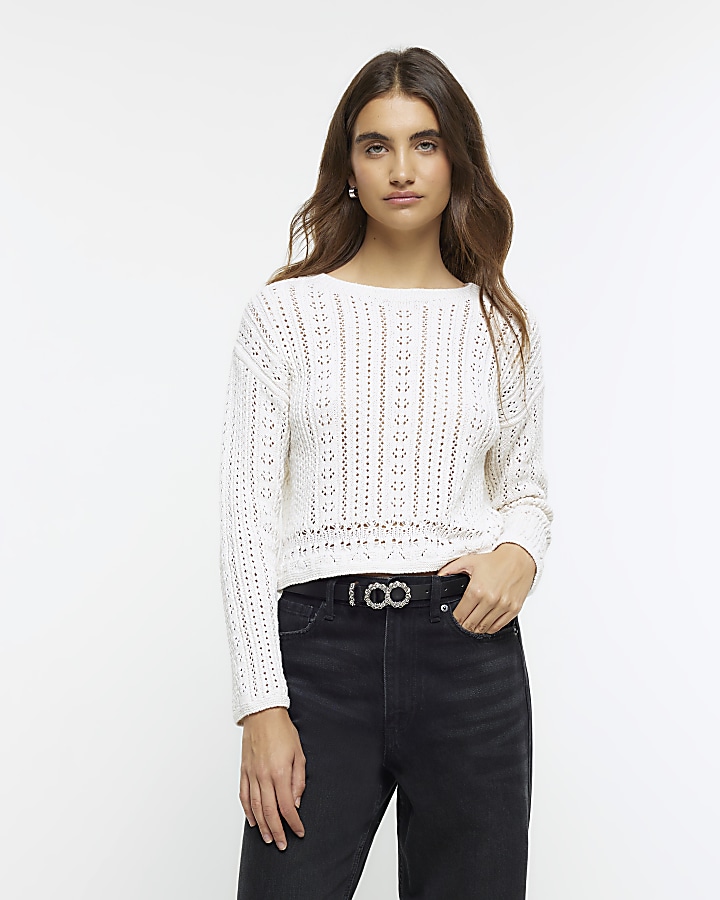 White Crochet Knitted Sequin Long Sleeve Top