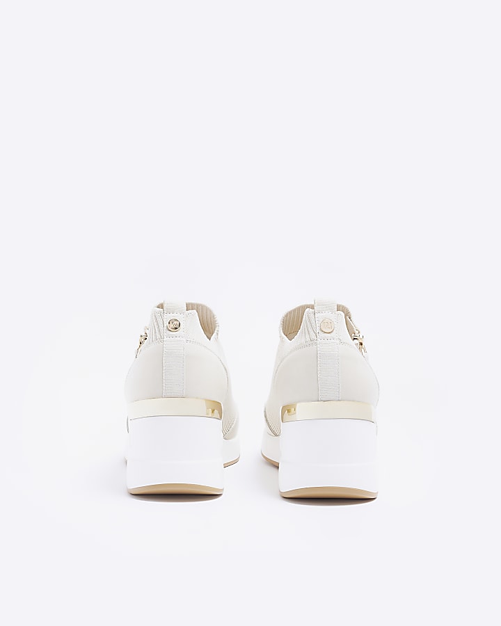 Beige wide fit slip on wedge trainers