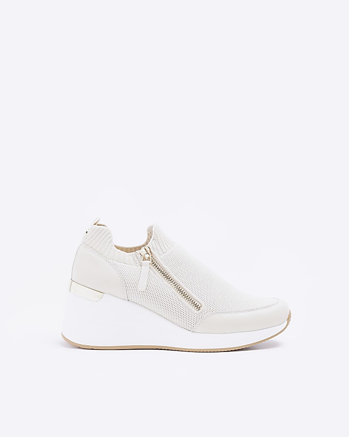Beige wide fit slip on wedge trainers