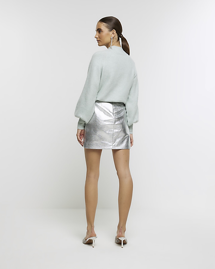 Silver ruched mini skirt