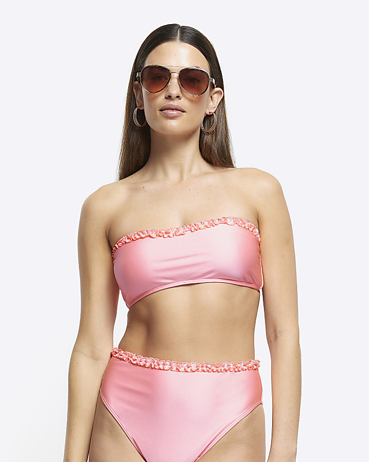 Coral frill bandeau bikini top