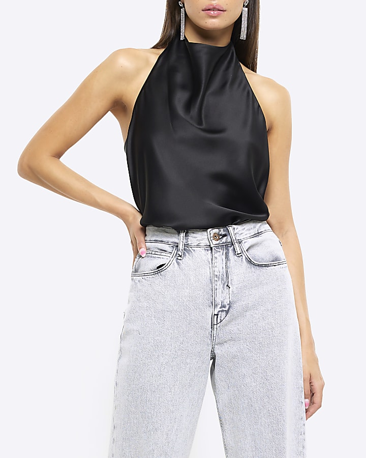 Black silk store halter neck top