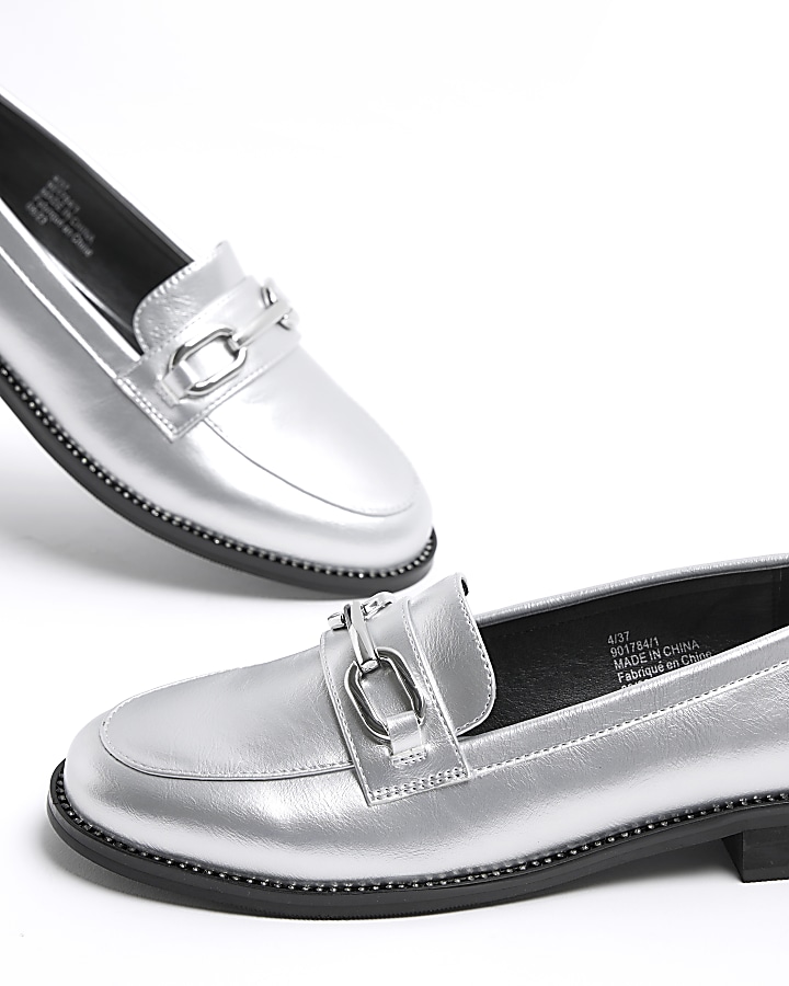 Silver metallic diamante trim loafers
