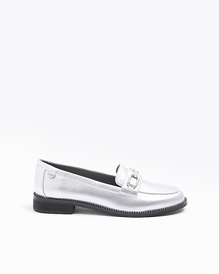 Silver metallic diamante trim loafers