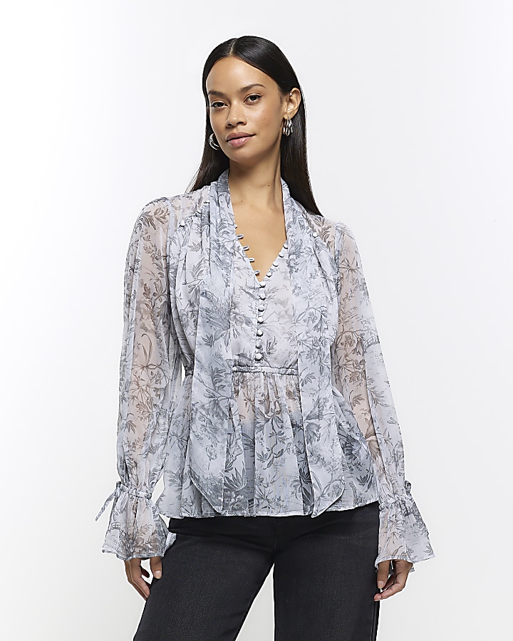 Grey floral tie neck blouse | River Island