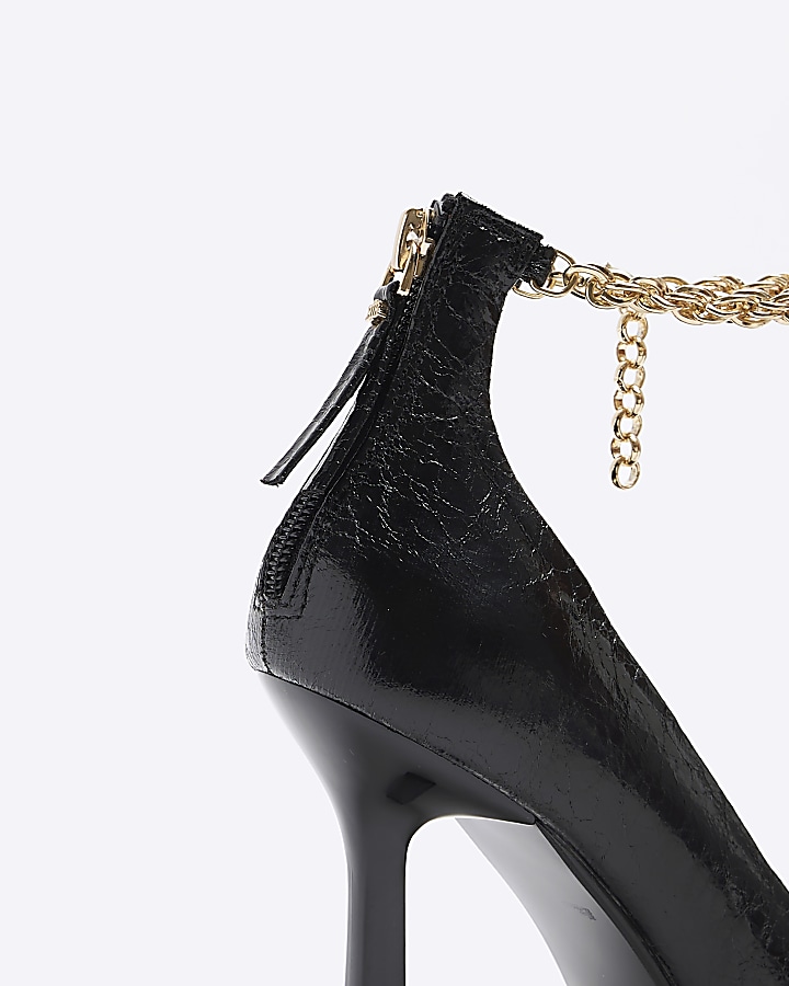 Black chain strap heeled court shoes River Island