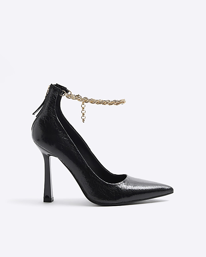 Black chain strap heeled court shoes