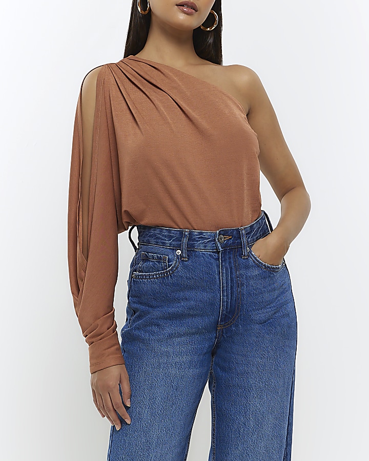 Rust drape one shoulder top