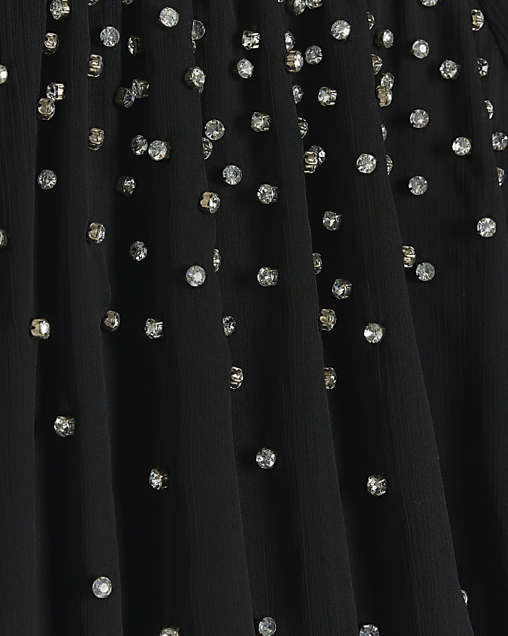 Black diamante shirred swing midi dress
