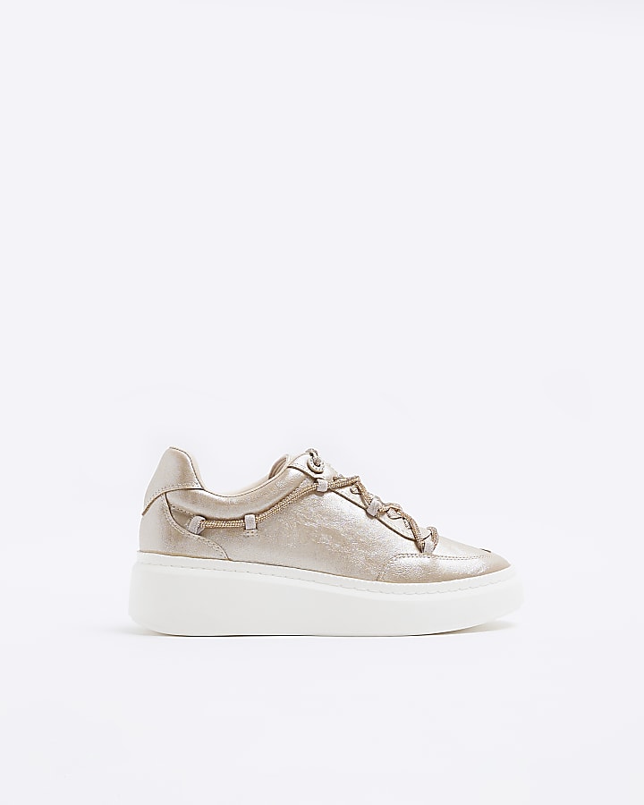 Rose gold double lace platform trainers