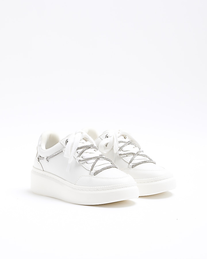 White double lace platform trainers | River Island