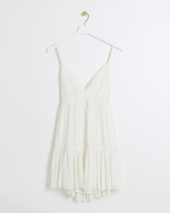 White shirred tiered beach mini dress
