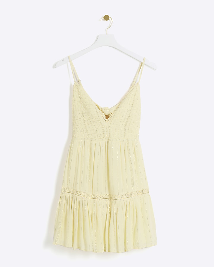 Yellow shirred tiered beach mini dress