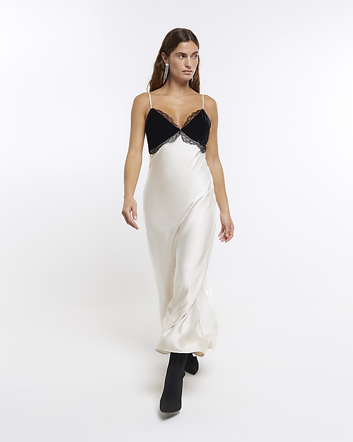 FAY CREAM SATIN V NECK SLIP DRESS