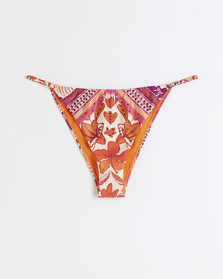 Orange scarf print high leg bikini bottoms