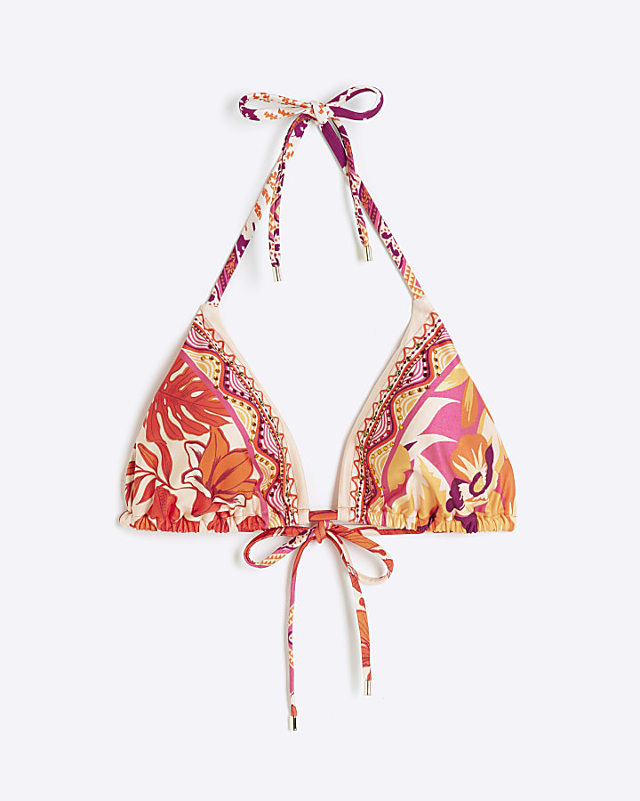 Orange scarf print triangle bikini top