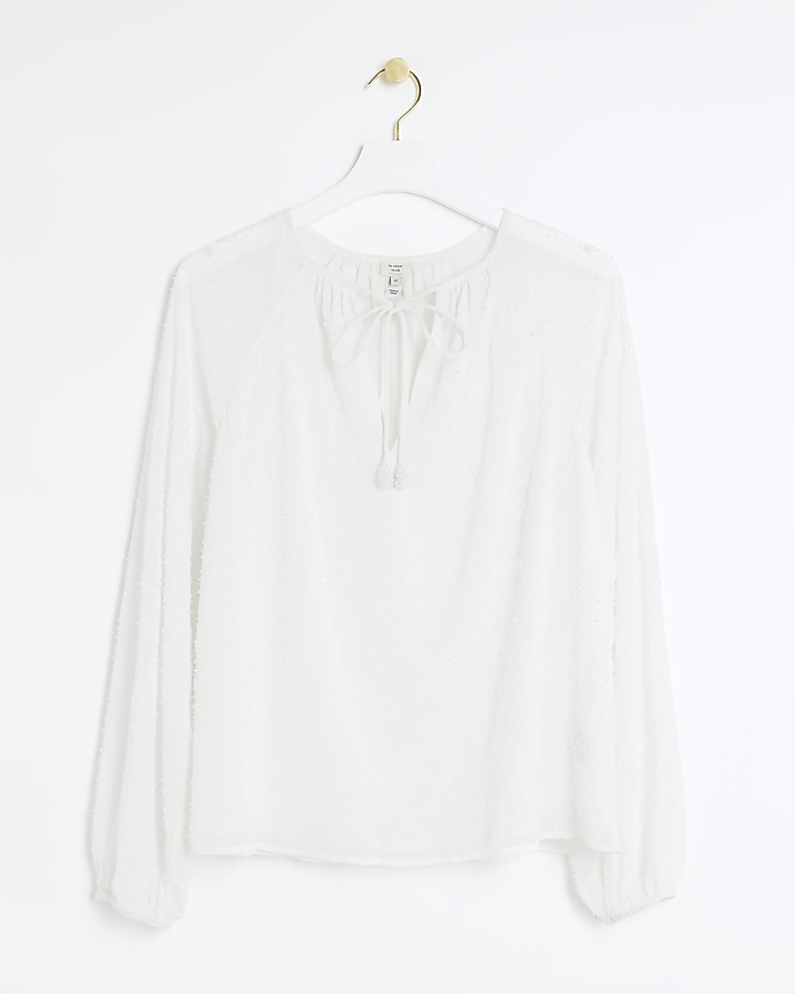 White pearl detail long sleeve blouse