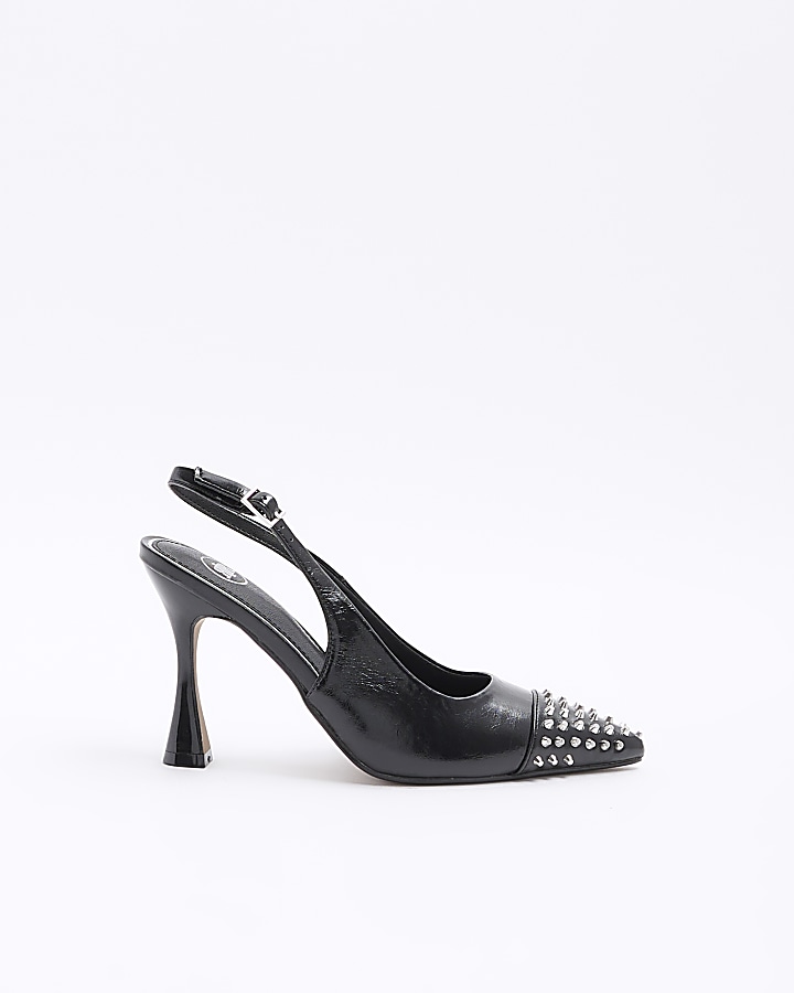 Black stud toe heeled Sling back court shoes