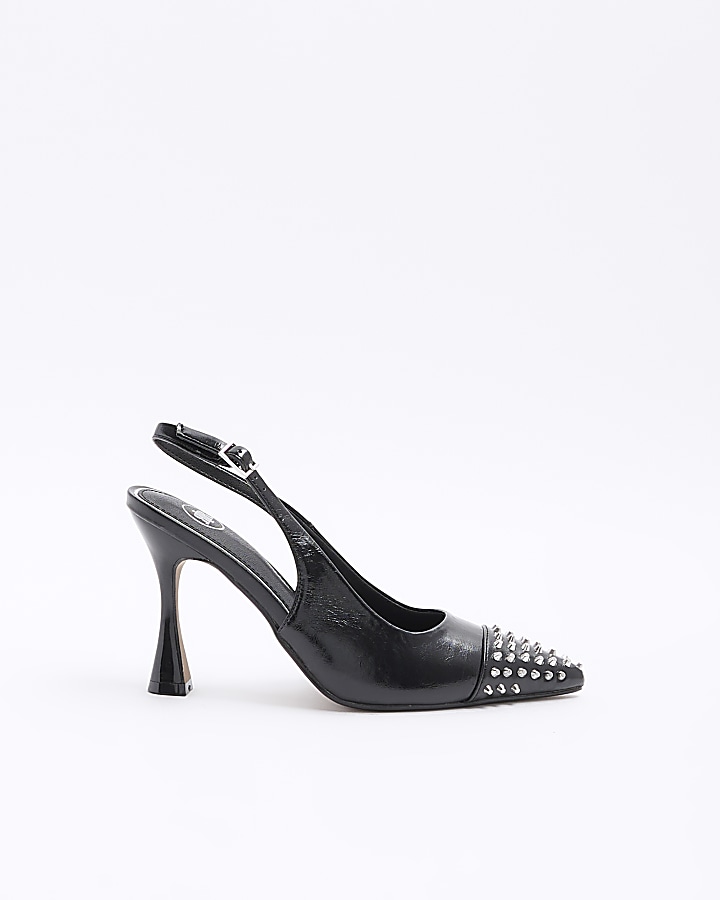 Black stud toe heeled Sling back court shoes River Island