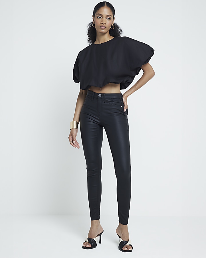 Black mid rise skinny coated jeans | River Island