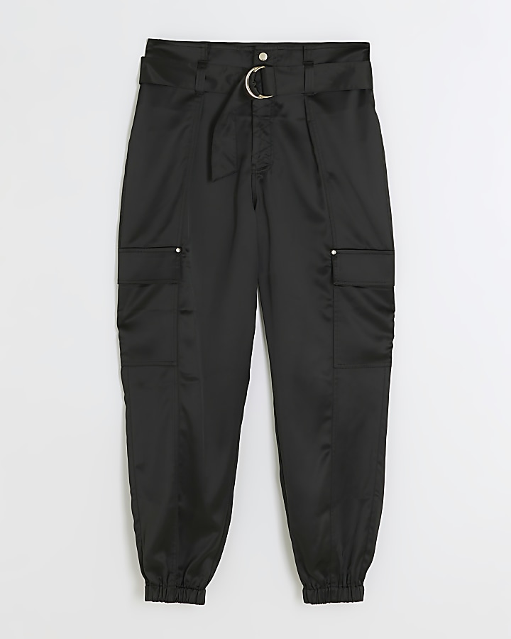 Black Satin Belted Paperbag Trousers