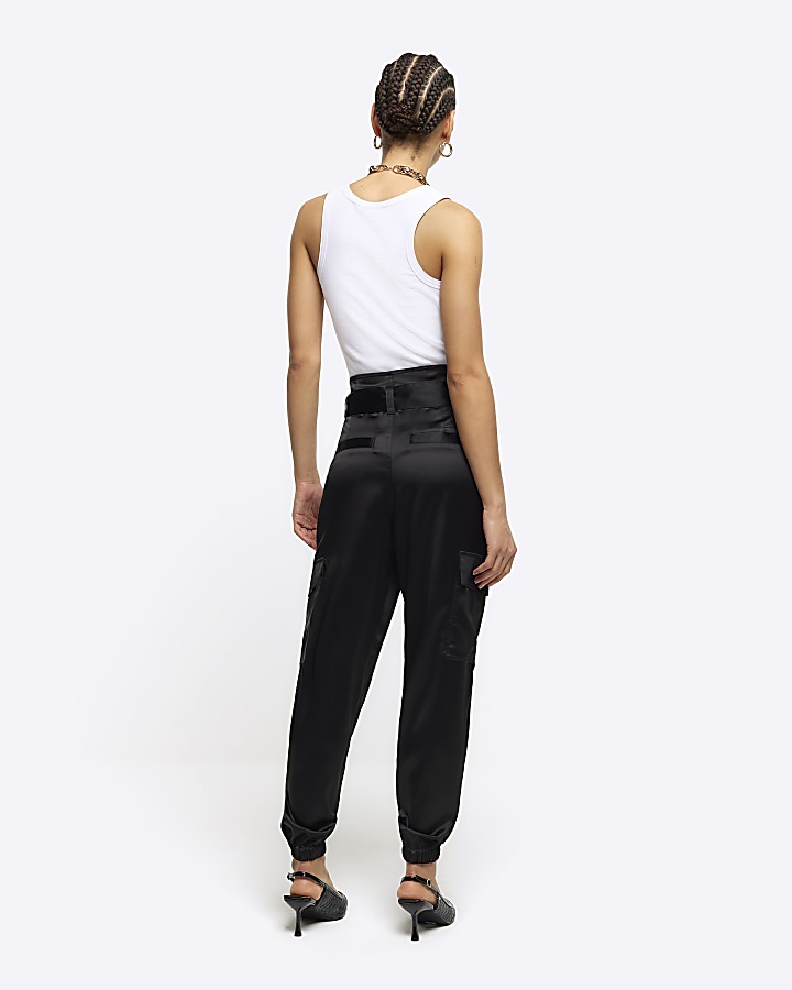 Black Satin Belted Paperbag Trousers