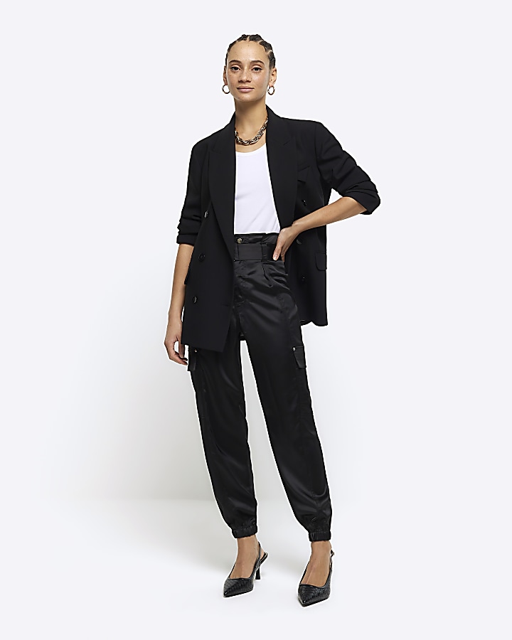 Black Satin Belted Paperbag Trousers