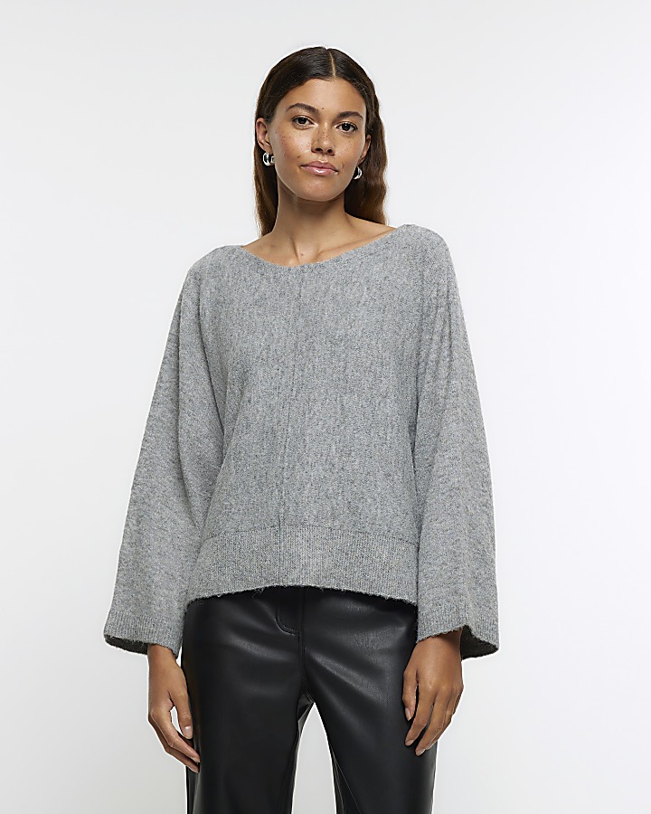 Grey batwing sleeve jumper River Island