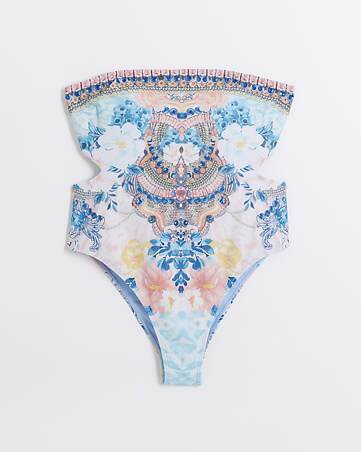 Blue diamante bandeau swimsuit River Island