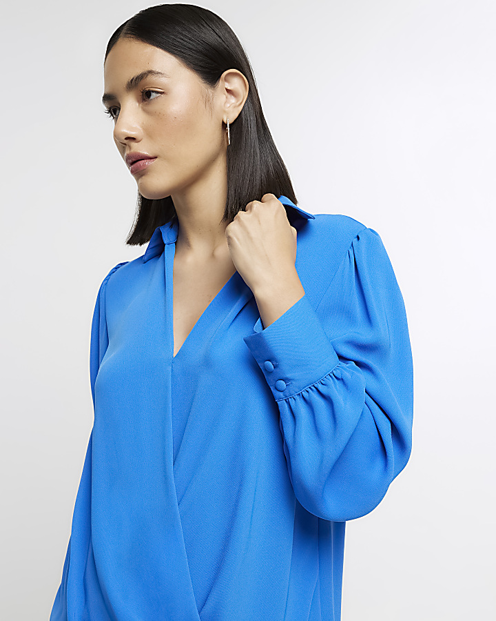Blue long sleeve wrap blouse