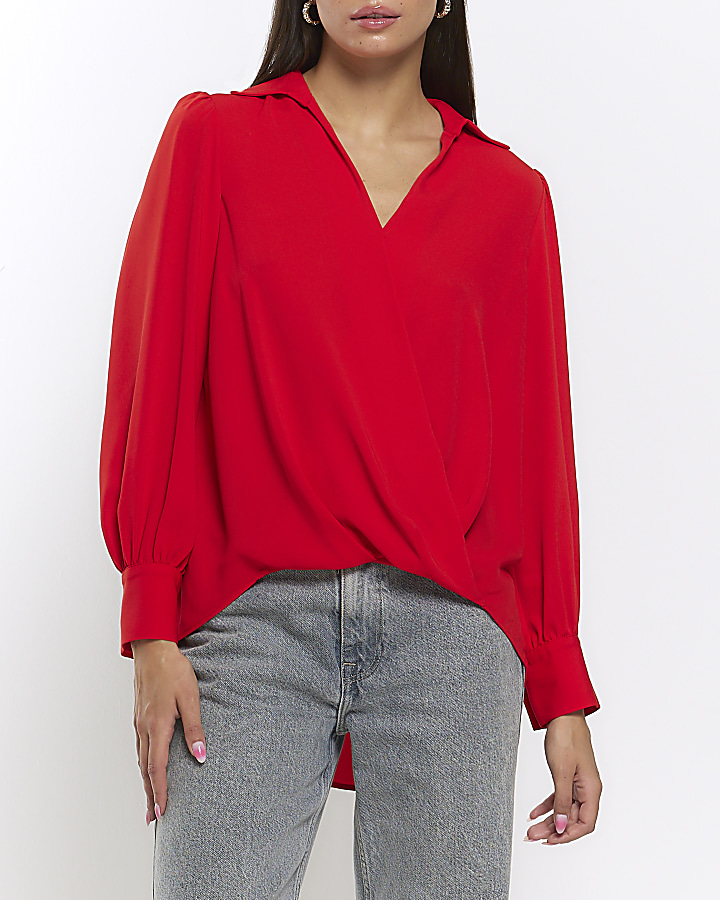 Red long sleeve wrap blouse