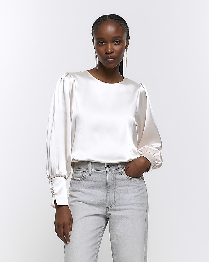 Beige satin cuffed long sleeve top