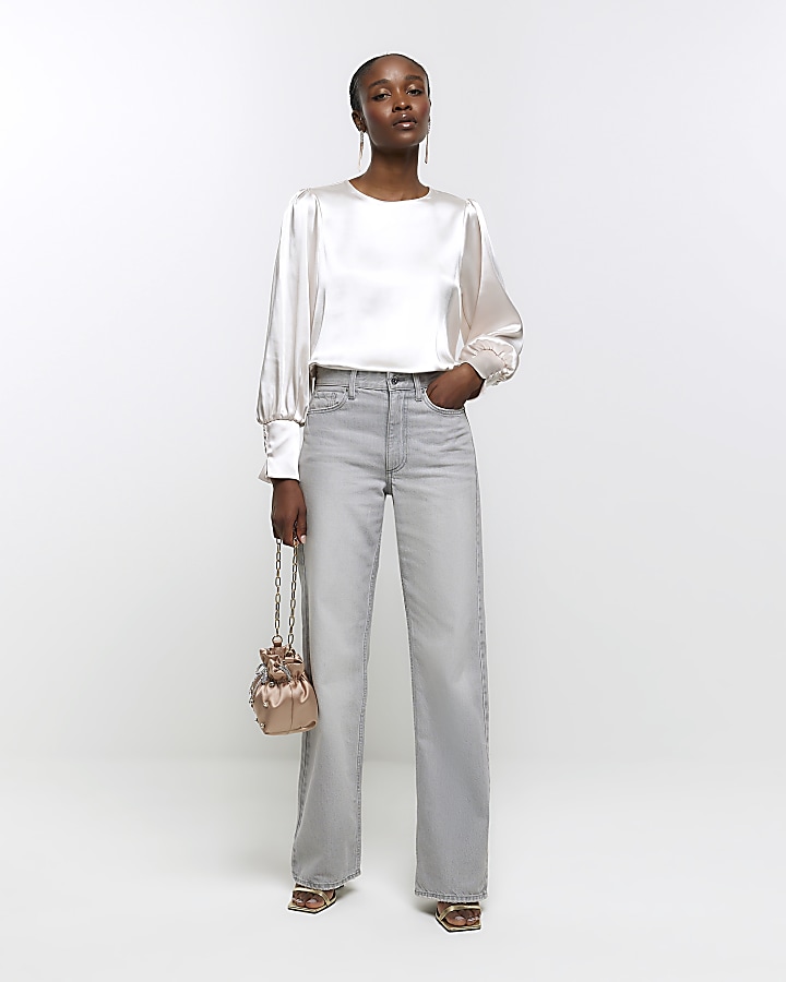 Beige satin cuffed long sleeve top River Island