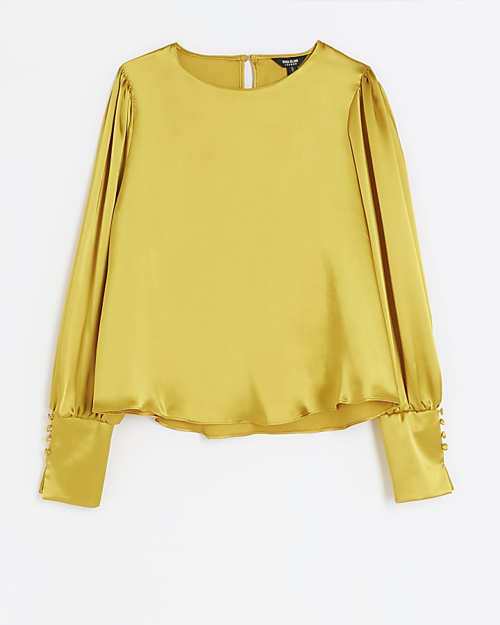 Yellow satin long sleeve blouse
