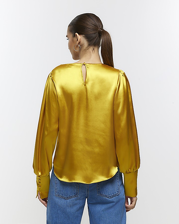 Yellow satin long sleeve blouse