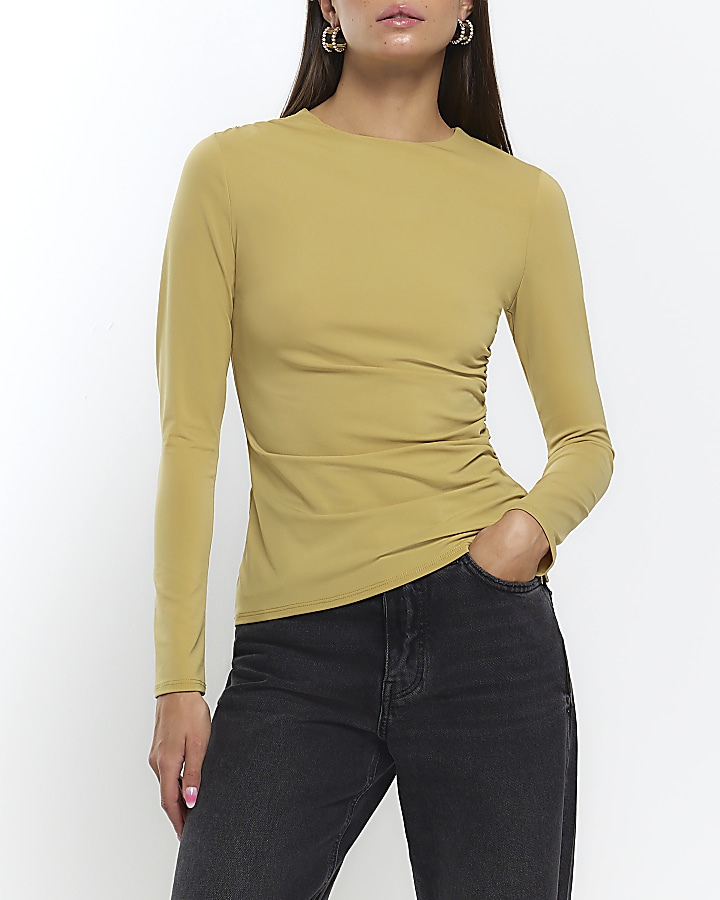Yellow ruched long sleeve top | River Island