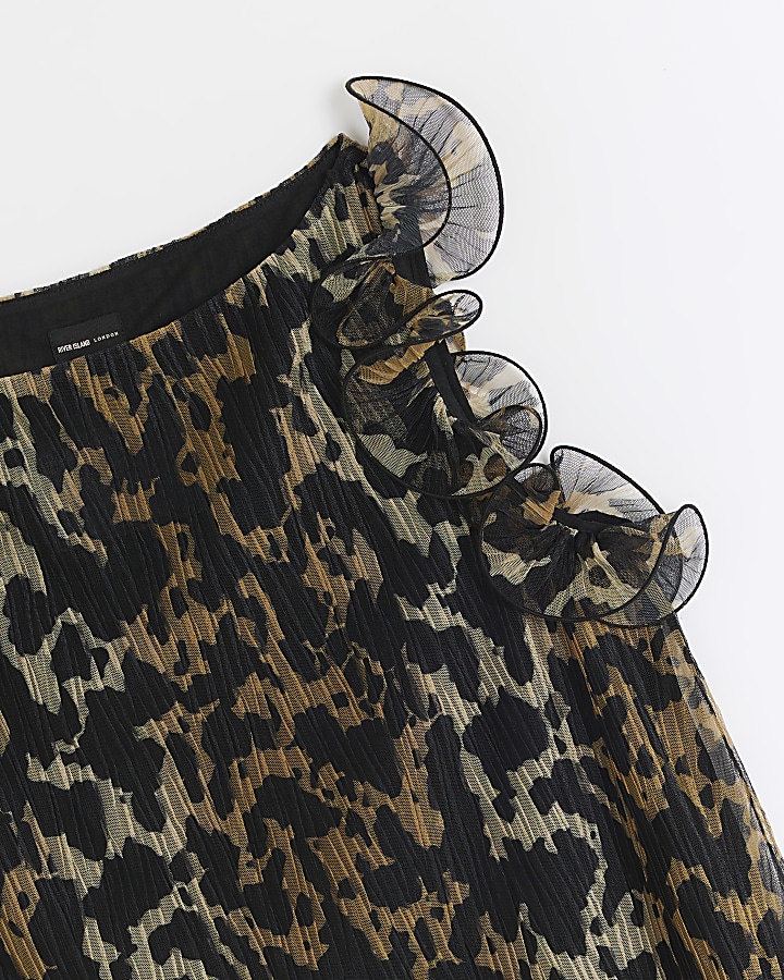 Brown plisse leopard print frill vest top