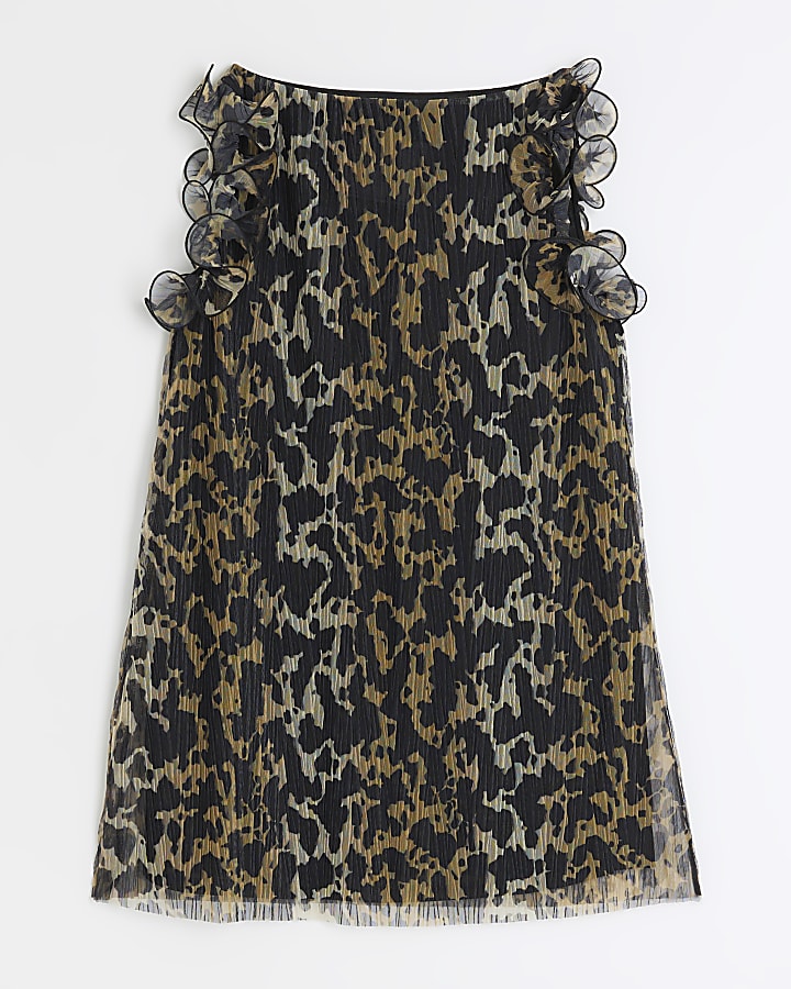 Brown leopard print ruffle plisse mini dress