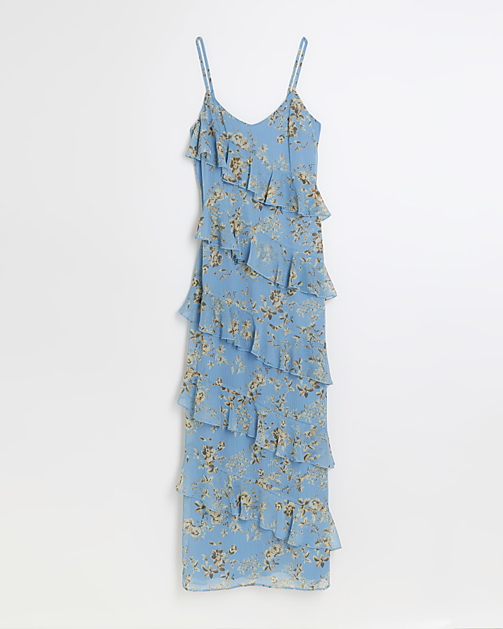Blue floral ruffle maxi dress