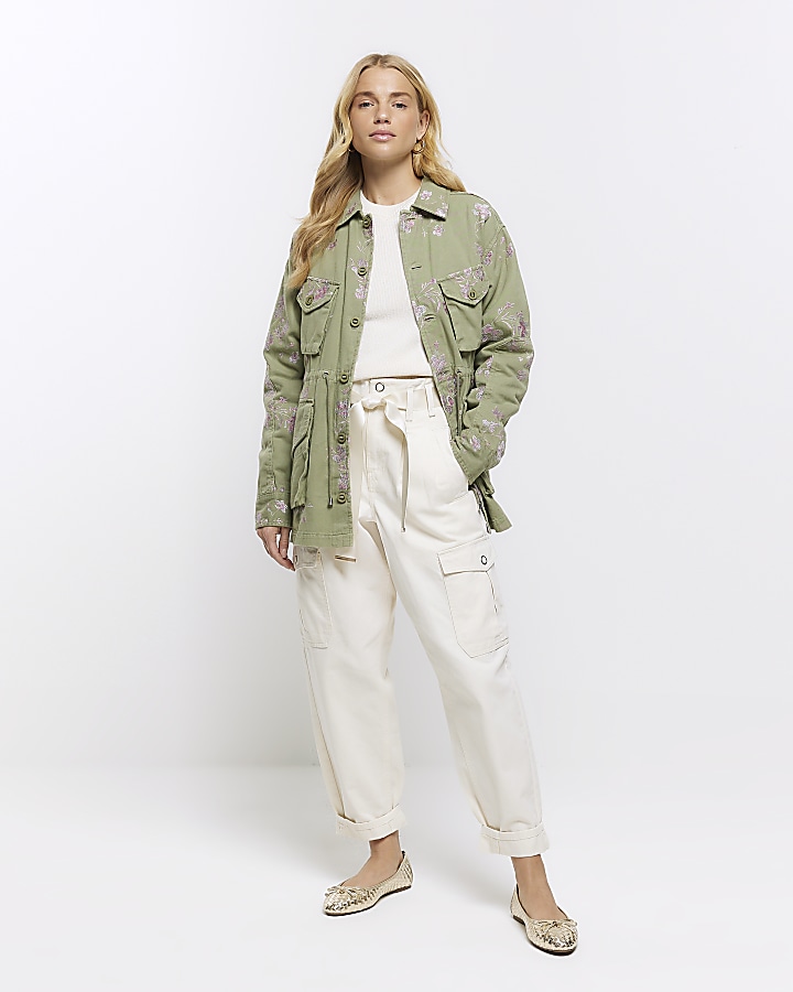 Ecru belted paperbag cargo trousers