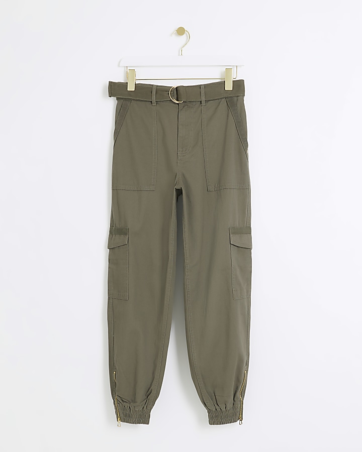 Khaki belted utility cargo trousers