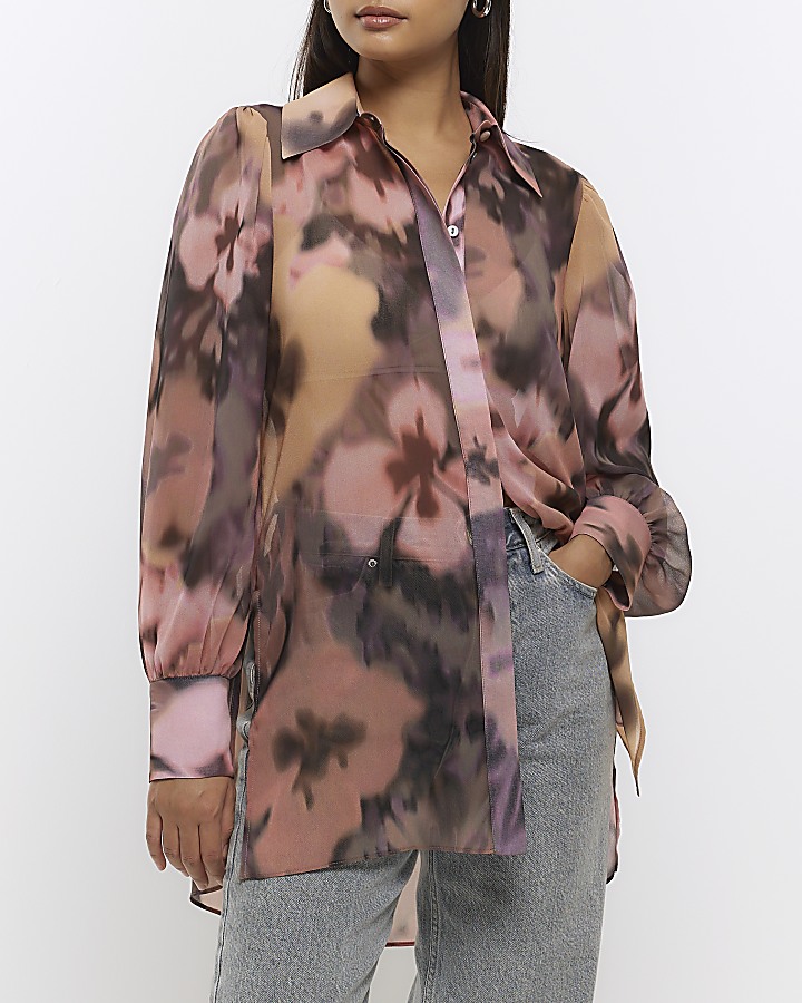 Pink floral oversized long sleeve shirt