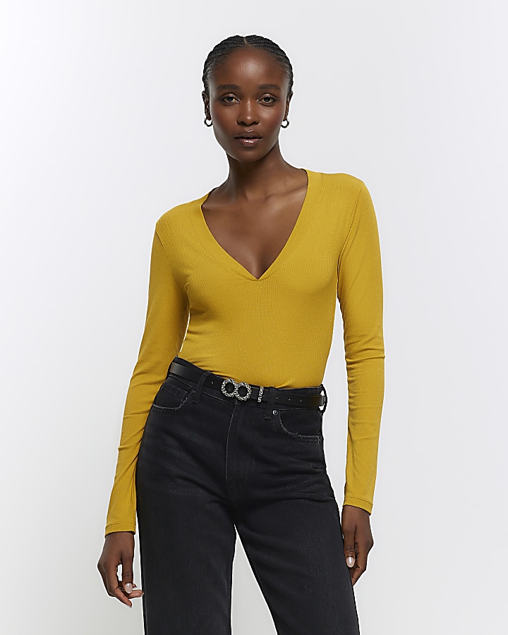 Mustard yellow store bell sleeve top