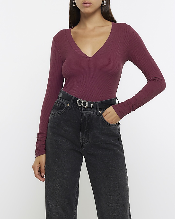 Red rib v-neck long sleeve top