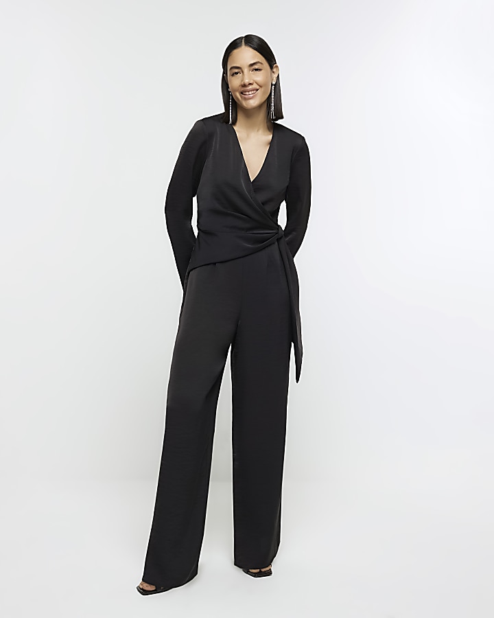 River Island cropped wide leg jumpsuit with square neck in black