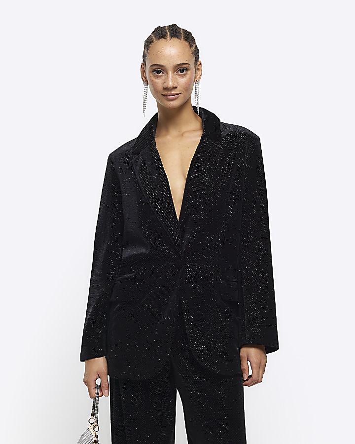 Black velvet sparkle tux blazer | River Island